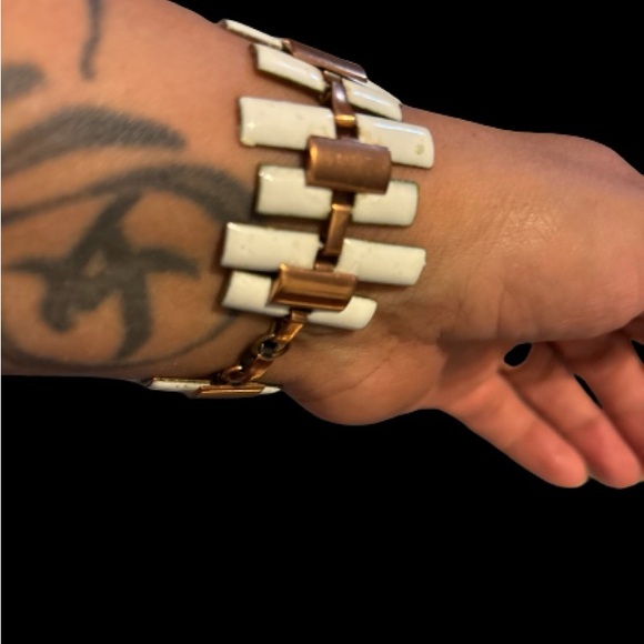 1950'S VINTAGE MATISSE RENOIR COPPER WHITE ENAMEL BRACELET - Picture 7 of 12